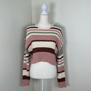 Altar'd State Striped Knit Sweater Cropped Long Sleeve Pullover Top Bohemian MED